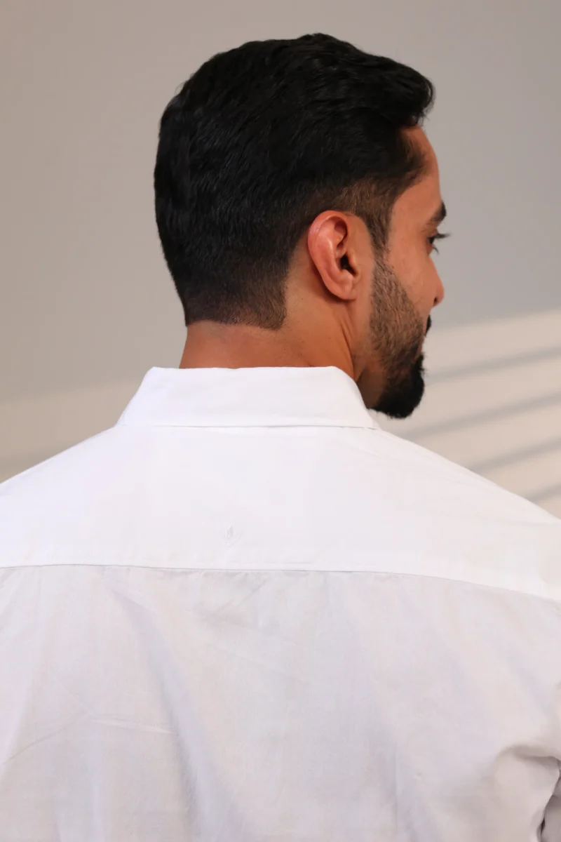 Close-up side profile of a white shirt collar.